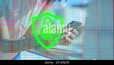 Image of number and digital padlock over hands of asian woman using smartphone Stock Photo