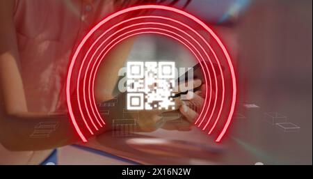 Image of qr code and neon circles over hands of asian woman using smartphone Stock Photo