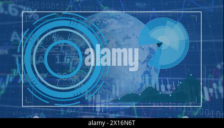 Image of globe, processing circles, graphs and financial data on digital screen Stock Photo
