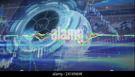 Image of globe, processing circle, lights, graphs and financial data on digital screen Stock Photo