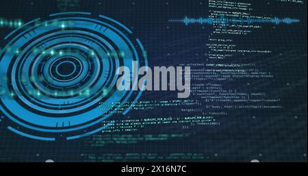 Image of processing circle, data processing, graphs and financial data on digital screen Stock Photo