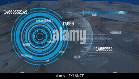 Image of processing circle, globe, graphs and numbers on digital screen Stock Photo