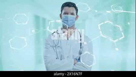 Composition of medical data processing over female caucasian male doctor Stock Photo