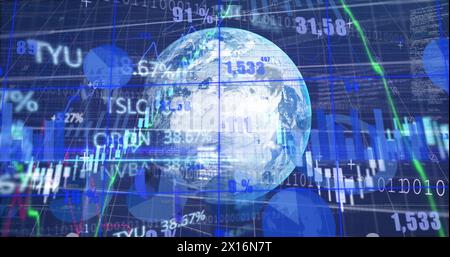 Image of data processing over globe and binary coding Stock Photo