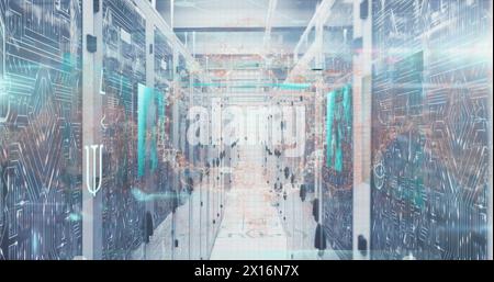 Image of human brain spinning and microprocessor connections over computer server room Stock Photo