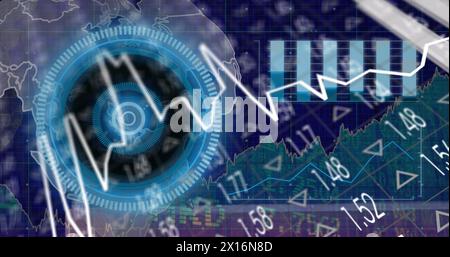 Image of globe, processing circle, graphs and financial data on digital screen Stock Photo