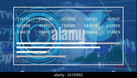Image of globe, processing circles, graphs and financial data on digital screen Stock Photo