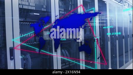 Image of world map over neon triangular shapes against computer server room Stock Photo