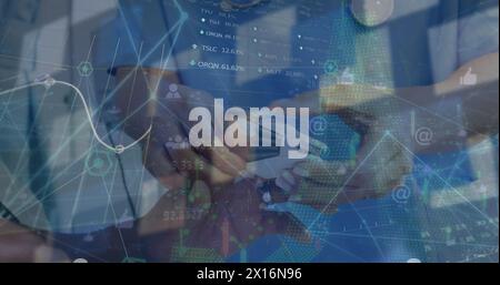 Image of financial data processing over delivery man loading connections Stock Photo