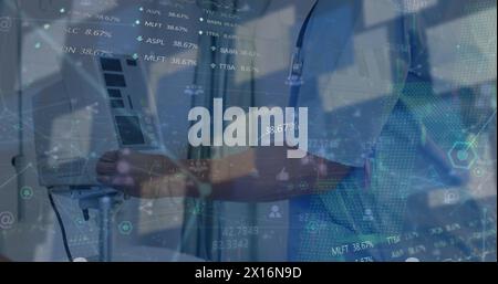 Image of financial data processing over delivery man loading connections Stock Photo