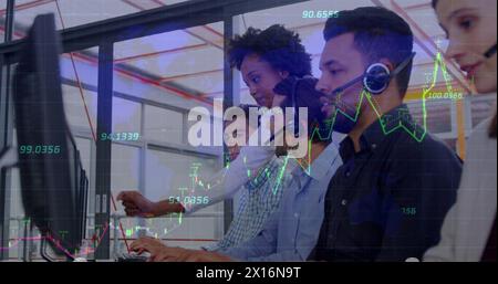 Image of financial data processing over diverse customer care executives working at office Stock Photo