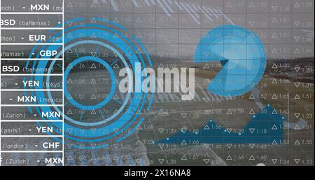 Image of processing circle, road, graphs and financial data on digital screen Stock Photo