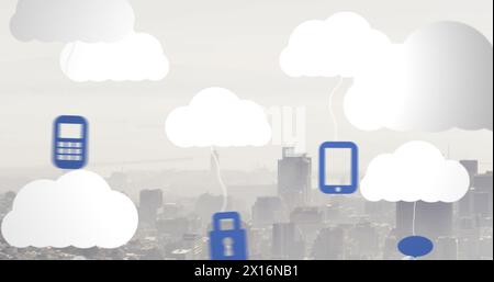 Image of digital clouds with electronic devices over cityscape Stock Photo
