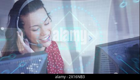 Image of 5g text and data processing over caucasian woman talking on phone headset at office Stock Photo