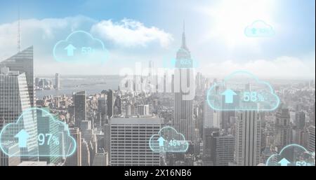 Image of clouds with percent growing over cityscape Stock Photo