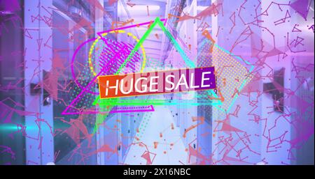 Image of huge sale text banner over abstract neon shapes and plexus networks against server room Stock Photo
