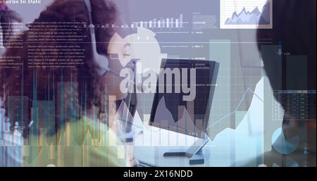Image of statistical data processing over biracial woman wearing phone headset smiling at office Stock Photo