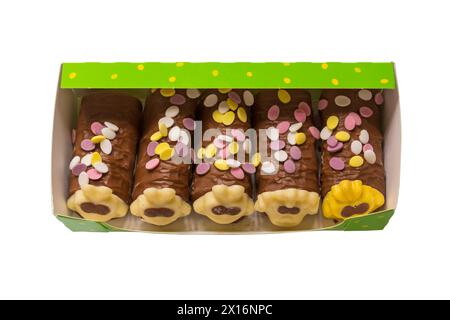 Packet of Marks & Spencer Colin the Caterpillar with Easter Lamb and Chick - mini Colin the caterpillars cakes isolated on white background Stock Photo