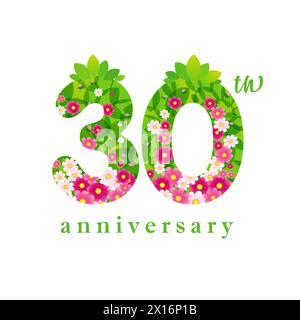 Happy 30th anniversary organic icon. Cute number 30 with clipping mask. Spring sale coupon, up to 30 percent off label concept. Festive decoration. Ho Stock Vector