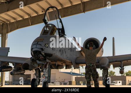 A man is standing next to a fighter jet, which is in the process of being serviced Stock Photo