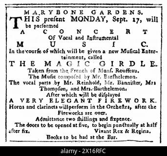 A programme for an evening at Marylebone Gardens, September, 1770. Marylebone Gardens or Marybone Gardens was a London pleasure garden sited in the grounds of the old manor house of Marylebone. From the Daily Advertiser, September, 1770. Stock Photo