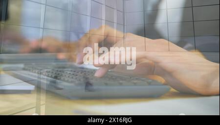 Image of diverse business people using computers over people walking Stock Photo