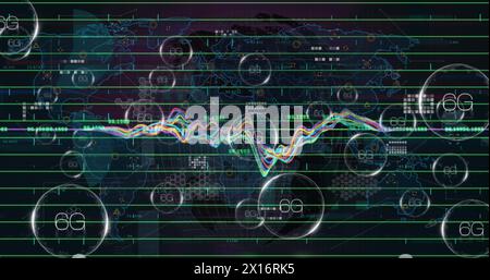 Image of 5g and 6g text in bubble with multicolored graph waves and map against black background Stock Photo