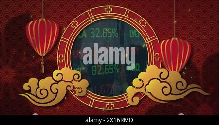 Image of round frame with oriental lanterns over data processing Stock Photo