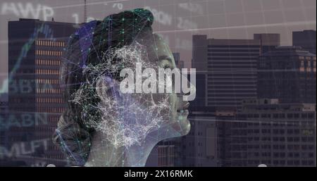 Image of financial data processing over female face Stock Photo