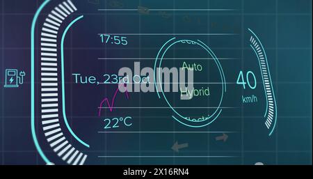 Image of digital infotainment display with multicolored graphs over blue background Stock Photo