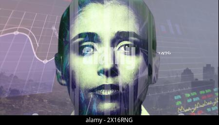 Image of financial data processing over female face Stock Photo