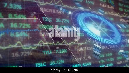 Image of financial data and graphs over cityscape Stock Photo