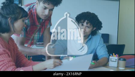 Image of bell icons over diverse business people in office Stock Photo