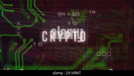 Image of crypto text over motherboard and data processing Stock Photo