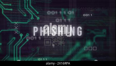 Image of phishing text over motherboard and data processing Stock Photo