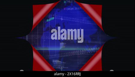 Image of paper opening over map, binary codes, programming language on abstract background Stock Photo