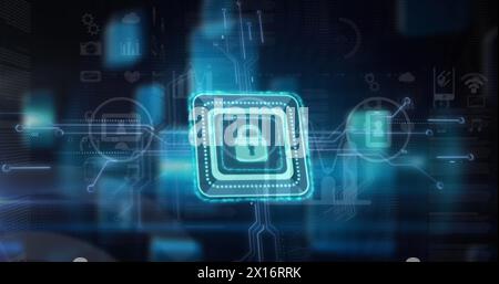 Image of online security padlock over motherboard and data processing Stock Photo