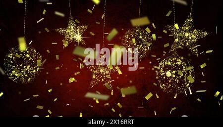 Image of confetti falling over golden stars and baubles on red background Stock Photo