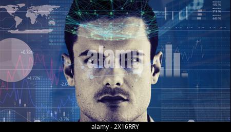 Image of connected dots and infographic interface over portrait of confident caucasian man Stock Photo