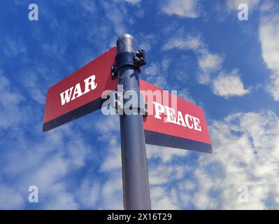 3d illustration, Red and black sign with the words peace and war written in white on the crossroads. Stock Photo