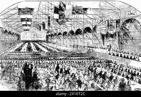 Licensed Victuallers' Schools, Anniversary Dinner, Cremorne Gardens, 24th July, 1858. Cremorne Gardens were popular pleasure gardens by the side of the River Thames in Chelsea, London. They lay between Chelsea Harbour and the end of the King's Road and flourished between 1845 and 1877. From The Illustrated News of the World, 24th July, 1858. Stock Photo