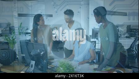 Image of data processing over group of diverse female colleagues discussing together at office Stock Photo