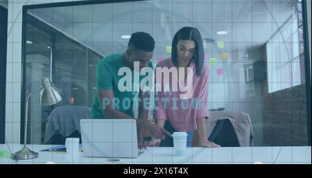 Image of fingerprint scanner over diverse male and female colleagues discussing over a plan Stock Photo