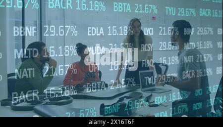Image of financial data processing over business people Stock Photo