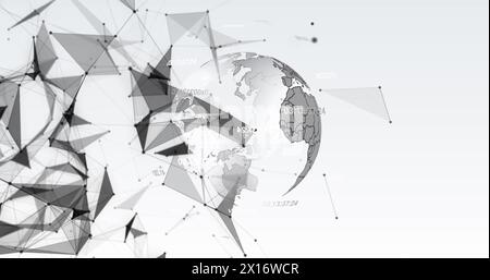 Image of plexus networks and changing numbers over spinning globe against grey background Stock Photo