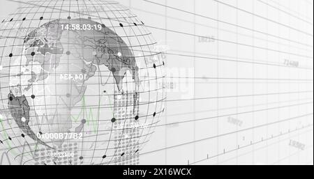 Image of changing numbers and spinning globe over grid network against white background Stock Photo