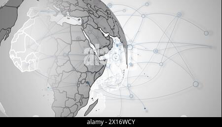 Image of networks of connections with icons over network of profile business people Stock Photo