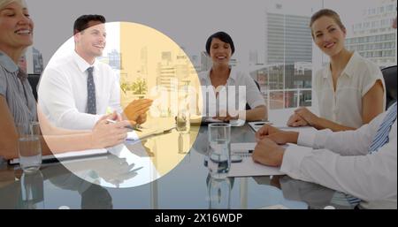 Image of pie chart financial data processing over diverse business people Stock Photo