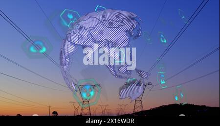 Image of multiple digital icons over spinning globe against network towers and sunset sky Stock Photo