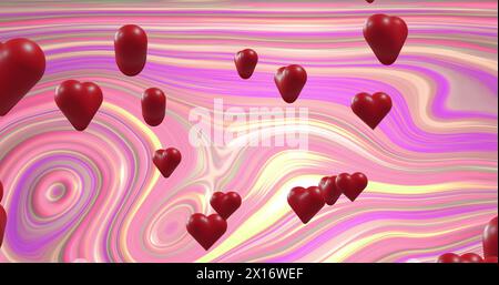 Image of red hearts over multi coloured striped background Stock Photo